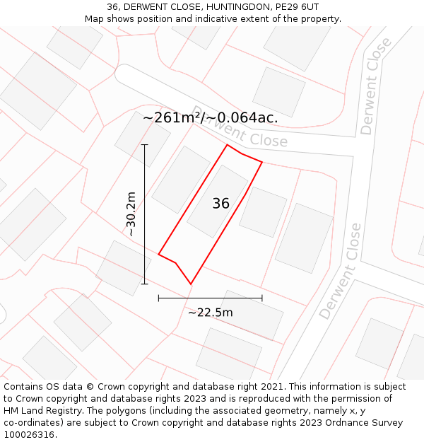 36, DERWENT CLOSE, HUNTINGDON, PE29 6UT: Plot and title map