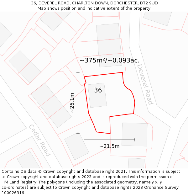 36, DEVEREL ROAD, CHARLTON DOWN, DORCHESTER, DT2 9UD: Plot and title map