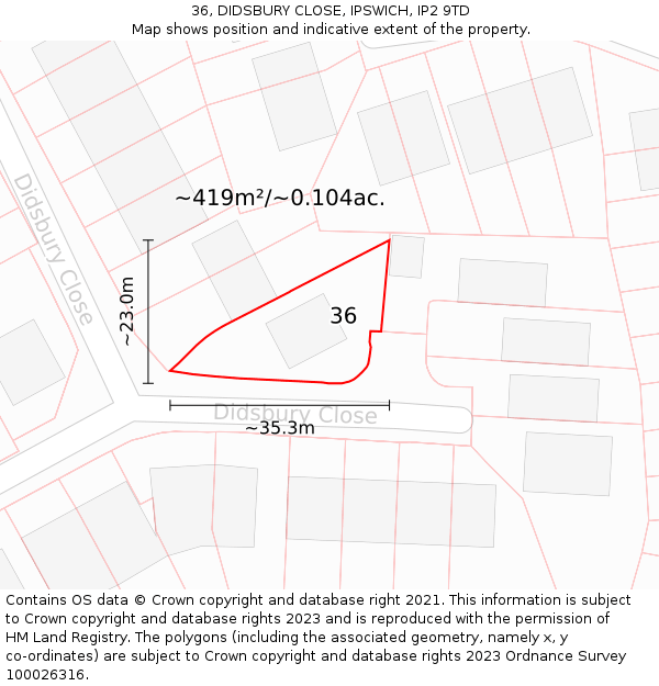 36, DIDSBURY CLOSE, IPSWICH, IP2 9TD: Plot and title map