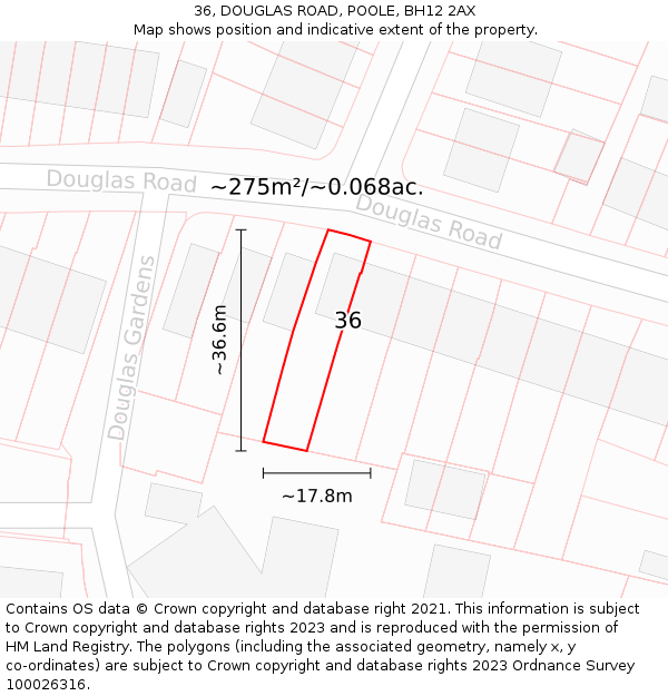 36, DOUGLAS ROAD, POOLE, BH12 2AX: Plot and title map