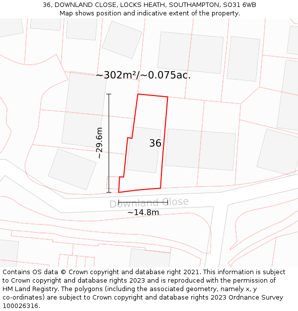 36, DOWNLAND CLOSE, LOCKS HEATH, SOUTHAMPTON, SO31 6WB: Plot and title map