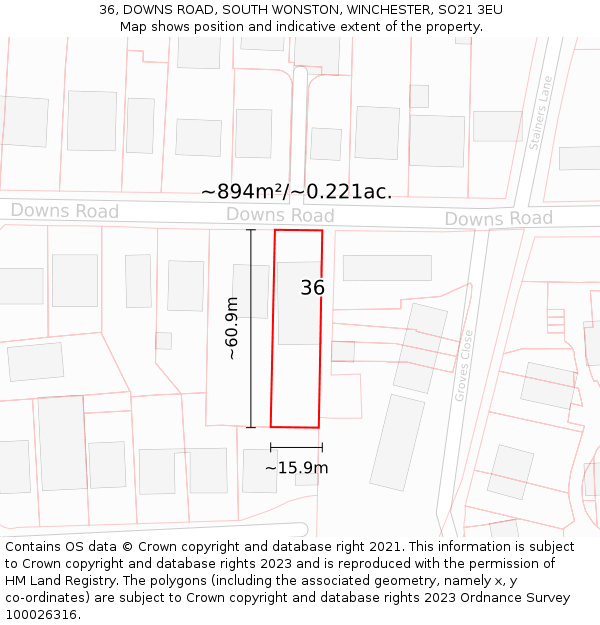 36, DOWNS ROAD, SOUTH WONSTON, WINCHESTER, SO21 3EU: Plot and title map