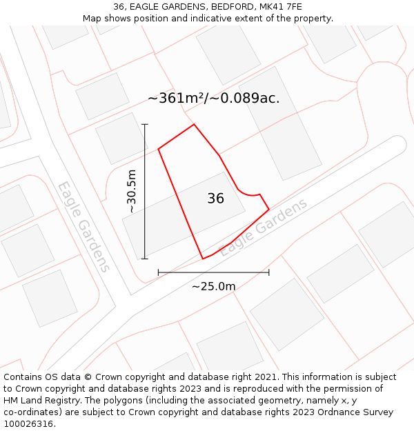 36, EAGLE GARDENS, BEDFORD, MK41 7FE: Plot and title map