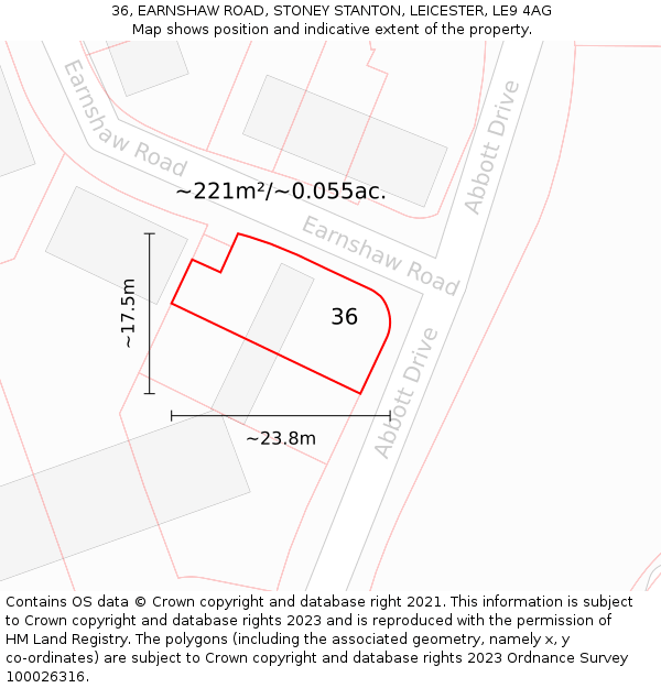 36, EARNSHAW ROAD, STONEY STANTON, LEICESTER, LE9 4AG: Plot and title map