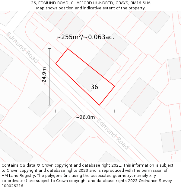 36, EDMUND ROAD, CHAFFORD HUNDRED, GRAYS, RM16 6HA: Plot and title map