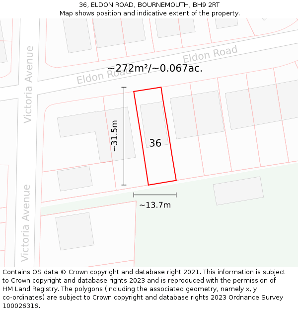 36, ELDON ROAD, BOURNEMOUTH, BH9 2RT: Plot and title map