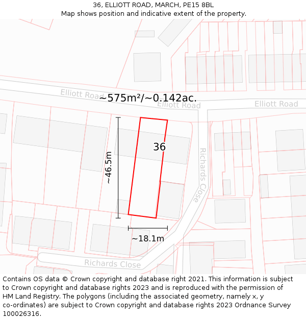 36, ELLIOTT ROAD, MARCH, PE15 8BL: Plot and title map