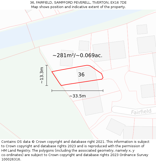 36, FAIRFIELD, SAMPFORD PEVERELL, TIVERTON, EX16 7DE: Plot and title map