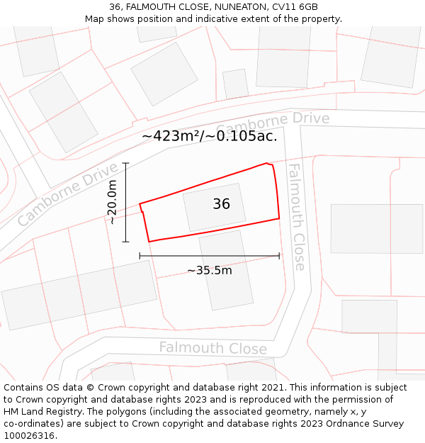 36, FALMOUTH CLOSE, NUNEATON, CV11 6GB: Plot and title map