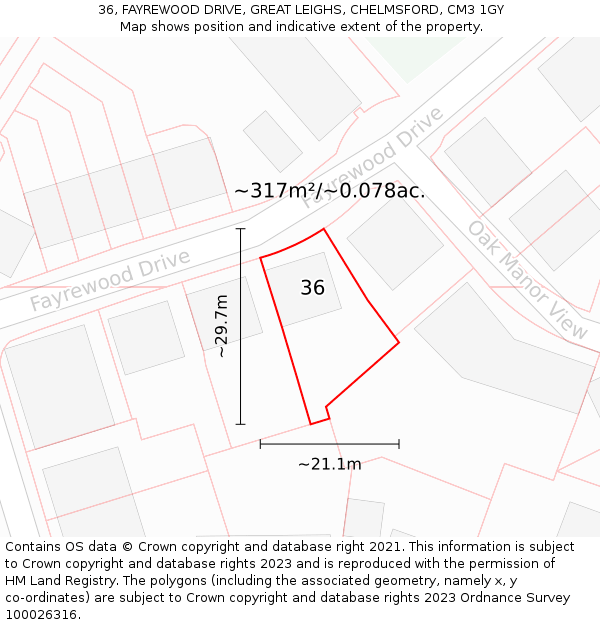 36, FAYREWOOD DRIVE, GREAT LEIGHS, CHELMSFORD, CM3 1GY: Plot and title map