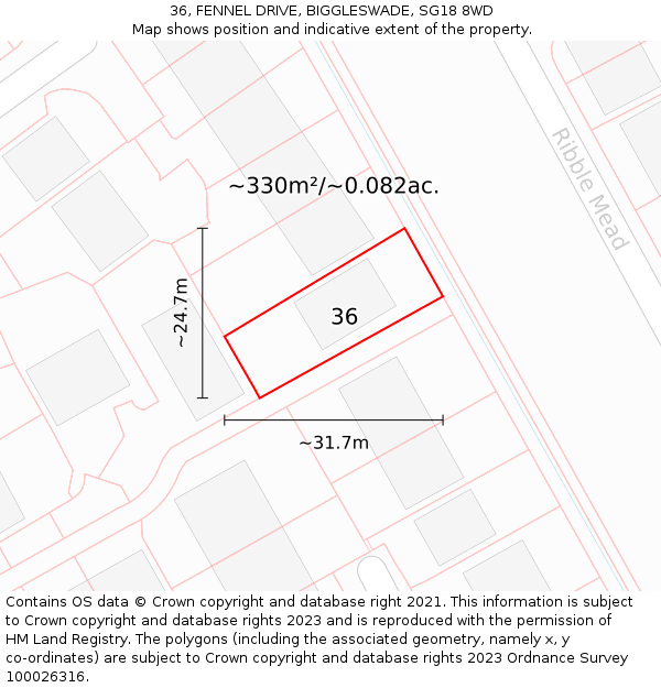 36, FENNEL DRIVE, BIGGLESWADE, SG18 8WD: Plot and title map