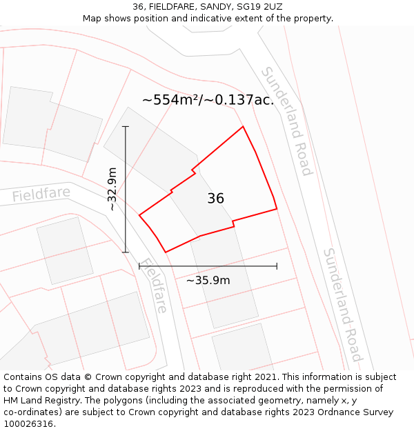 36, FIELDFARE, SANDY, SG19 2UZ: Plot and title map