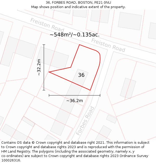 36, FORBES ROAD, BOSTON, PE21 0NU: Plot and title map