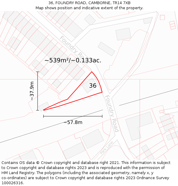 36, FOUNDRY ROAD, CAMBORNE, TR14 7XB: Plot and title map