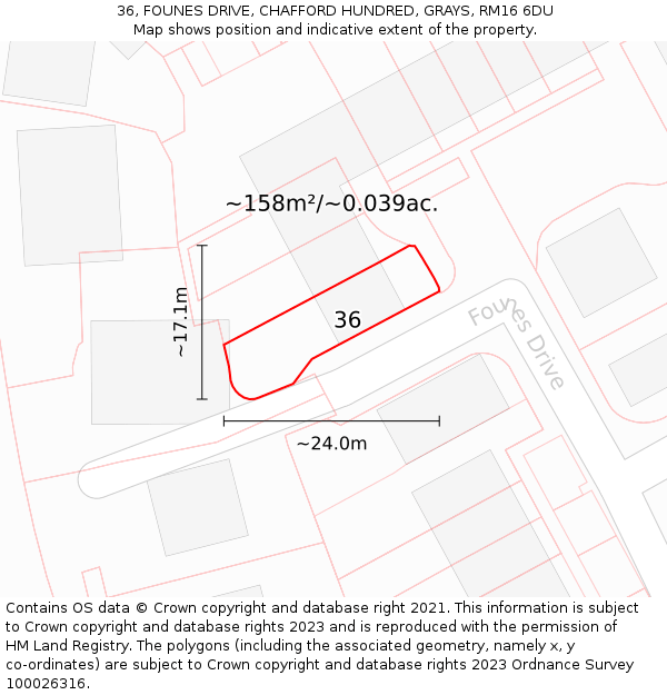 36, FOUNES DRIVE, CHAFFORD HUNDRED, GRAYS, RM16 6DU: Plot and title map