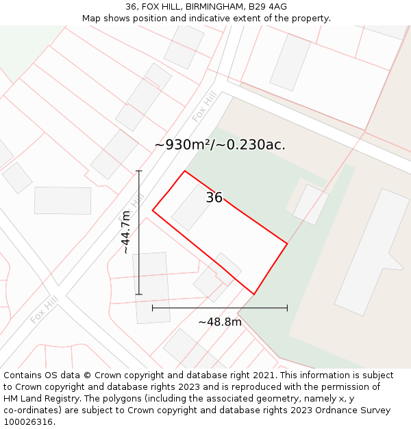 36, FOX HILL, BIRMINGHAM, B29 4AG: Plot and title map