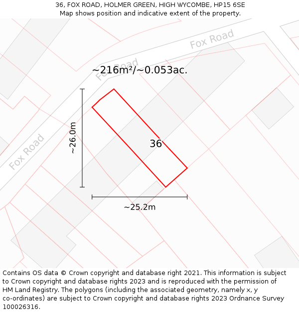 36, FOX ROAD, HOLMER GREEN, HIGH WYCOMBE, HP15 6SE: Plot and title map