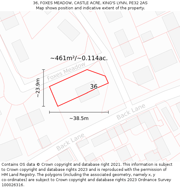 36, FOXES MEADOW, CASTLE ACRE, KING'S LYNN, PE32 2AS: Plot and title map