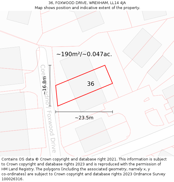 36, FOXWOOD DRIVE, WREXHAM, LL14 4JA: Plot and title map