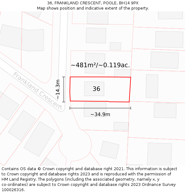 36, FRANKLAND CRESCENT, POOLE, BH14 9PX: Plot and title map