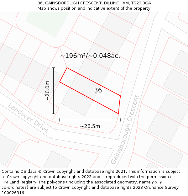 36, GAINSBOROUGH CRESCENT, BILLINGHAM, TS23 3GA: Plot and title map