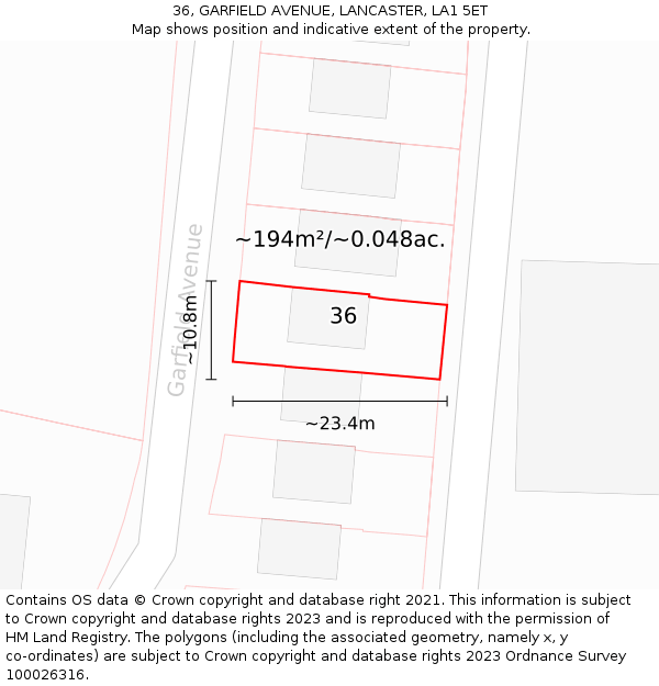 36, GARFIELD AVENUE, LANCASTER, LA1 5ET: Plot and title map