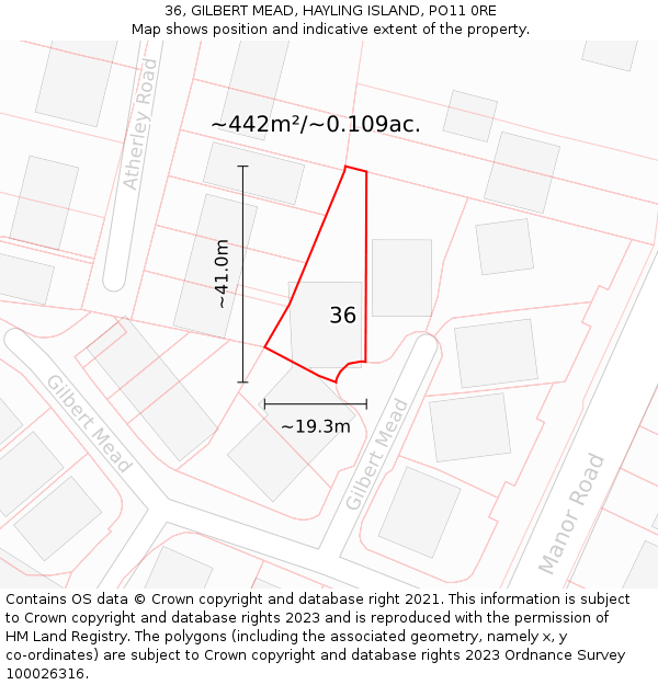 36, GILBERT MEAD, HAYLING ISLAND, PO11 0RE: Plot and title map