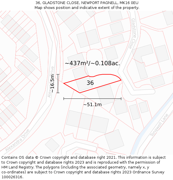 36, GLADSTONE CLOSE, NEWPORT PAGNELL, MK16 0EU: Plot and title map