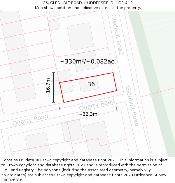 36, GLEDHOLT ROAD, HUDDERSFIELD, HD1 4HP: Plot and title map