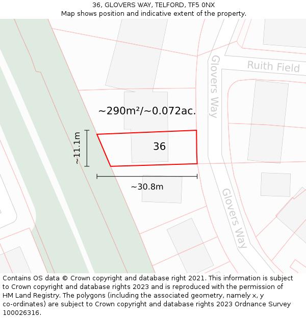 36, GLOVERS WAY, TELFORD, TF5 0NX: Plot and title map