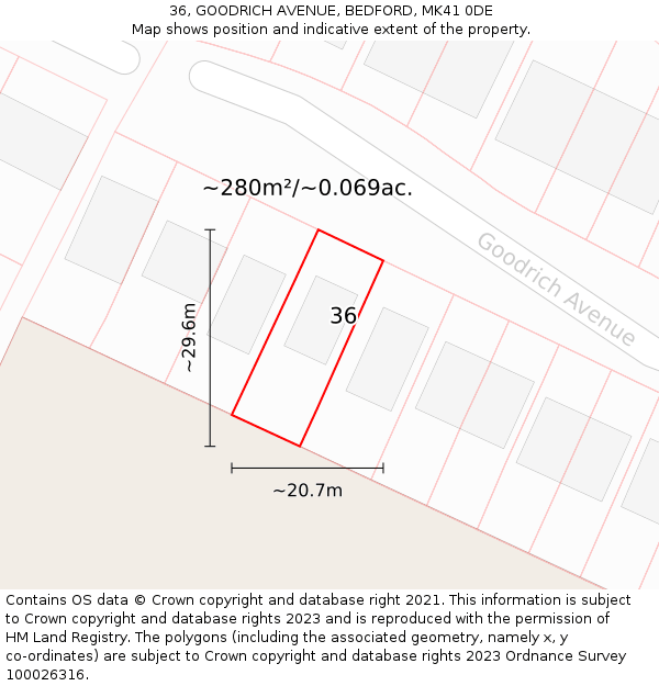 36, GOODRICH AVENUE, BEDFORD, MK41 0DE: Plot and title map