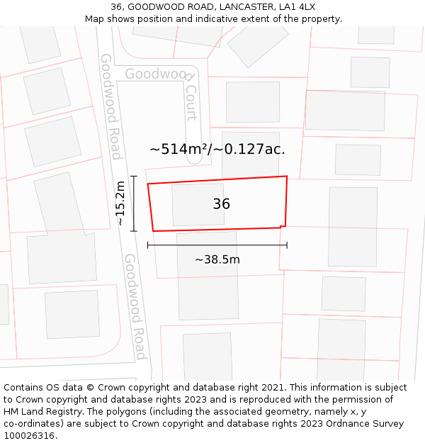 36, GOODWOOD ROAD, LANCASTER, LA1 4LX: Plot and title map