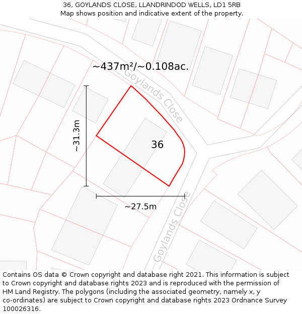 36, GOYLANDS CLOSE, LLANDRINDOD WELLS, LD1 5RB: Plot and title map