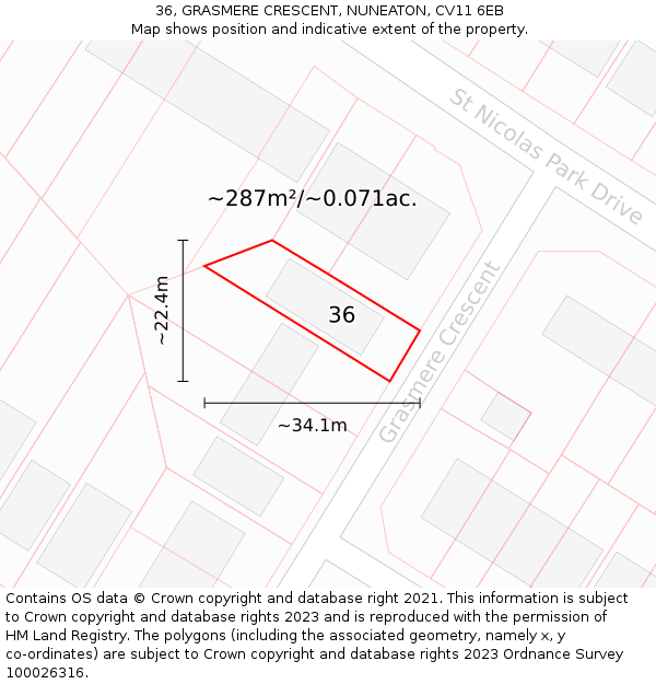 36, GRASMERE CRESCENT, NUNEATON, CV11 6EB: Plot and title map