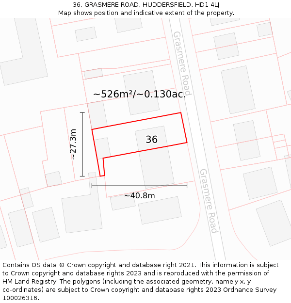 36, GRASMERE ROAD, HUDDERSFIELD, HD1 4LJ: Plot and title map