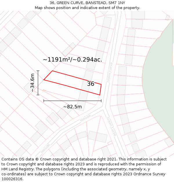 36, GREEN CURVE, BANSTEAD, SM7 1NY: Plot and title map