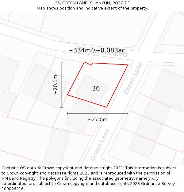 36, GREEN LANE, SHANKLIN, PO37 7JF: Plot and title map