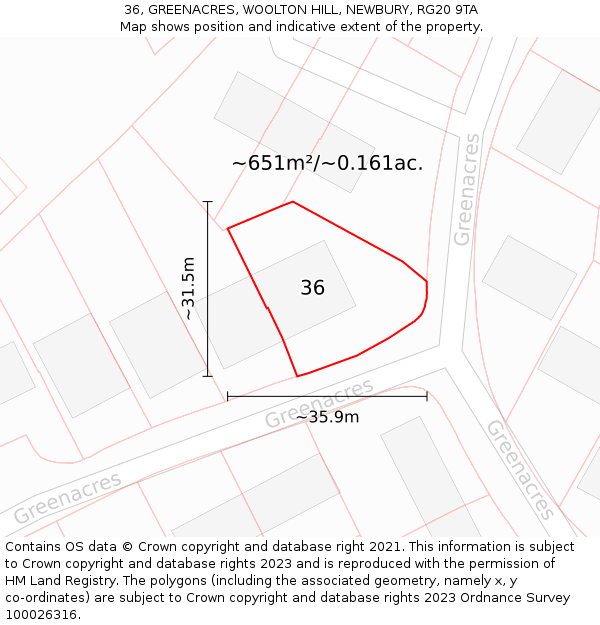 36, GREENACRES, WOOLTON HILL, NEWBURY, RG20 9TA: Plot and title map