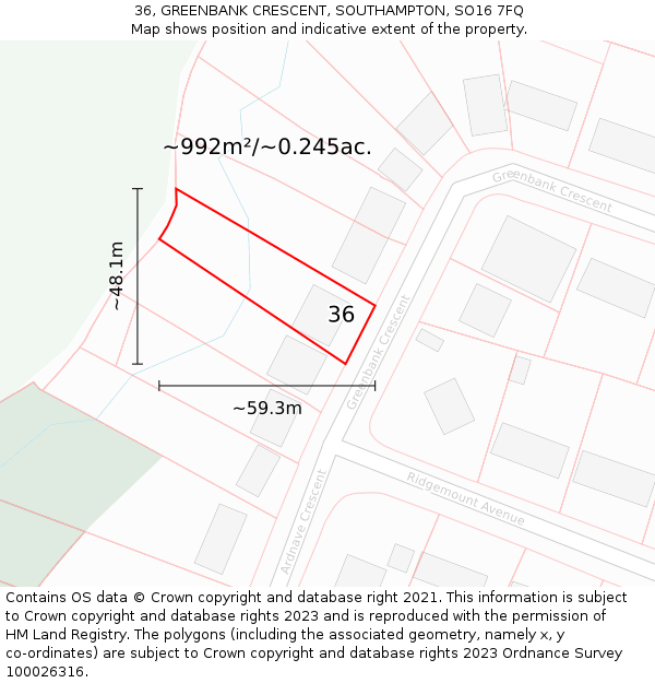 36, GREENBANK CRESCENT, SOUTHAMPTON, SO16 7FQ: Plot and title map