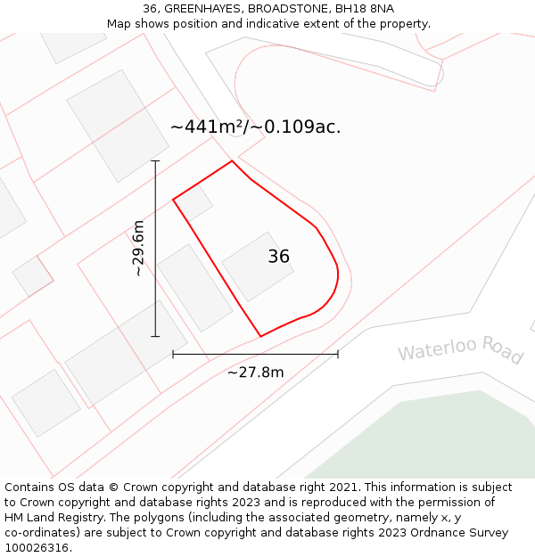 36, GREENHAYES, BROADSTONE, BH18 8NA: Plot and title map