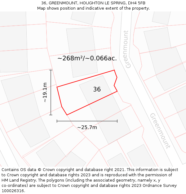 36, GREENMOUNT, HOUGHTON LE SPRING, DH4 5FB: Plot and title map