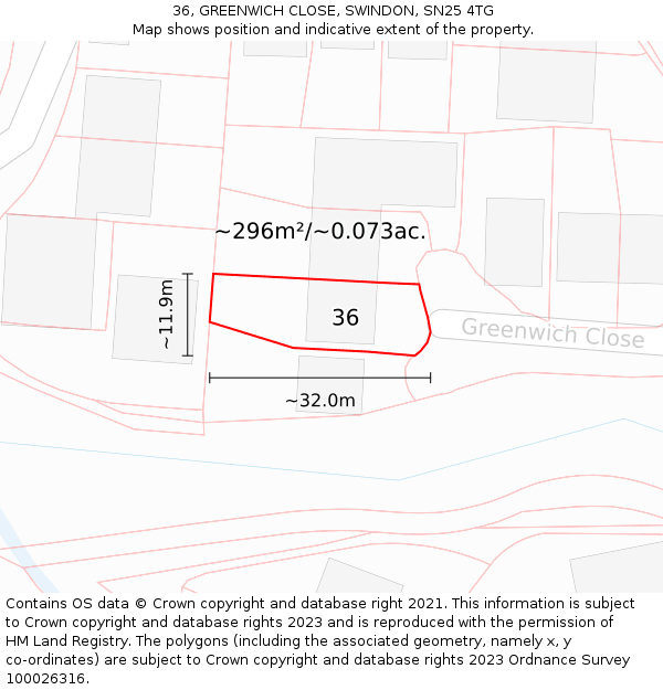 36, GREENWICH CLOSE, SWINDON, SN25 4TG: Plot and title map