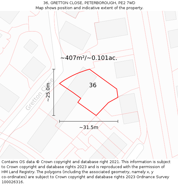 36, GRETTON CLOSE, PETERBOROUGH, PE2 7WD: Plot and title map