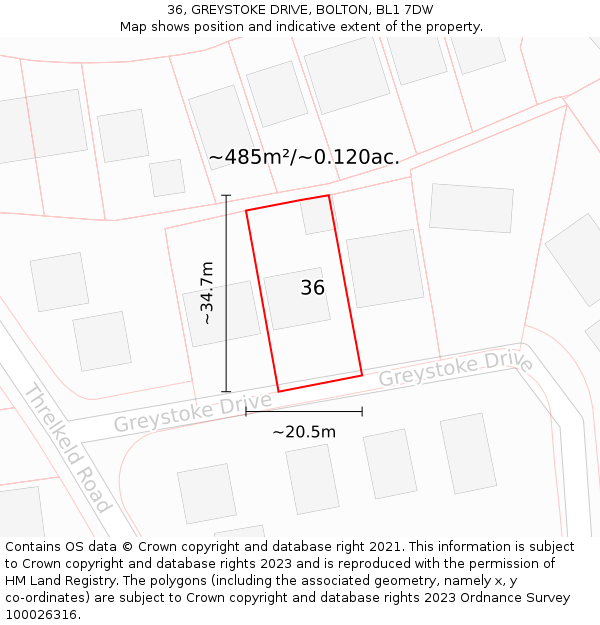 36, GREYSTOKE DRIVE, BOLTON, BL1 7DW: Plot and title map