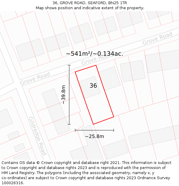 36, GROVE ROAD, SEAFORD, BN25 1TR: Plot and title map