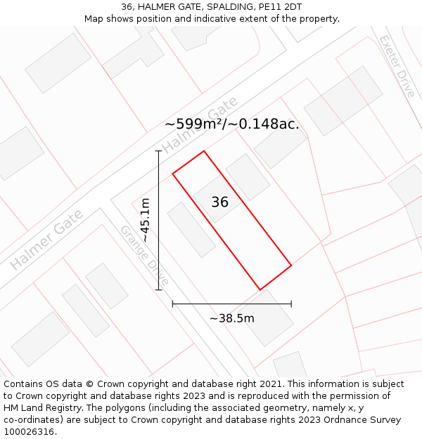 36, HALMER GATE, SPALDING, PE11 2DT: Plot and title map