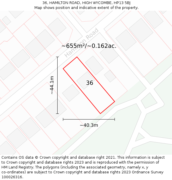 36, HAMILTON ROAD, HIGH WYCOMBE, HP13 5BJ: Plot and title map