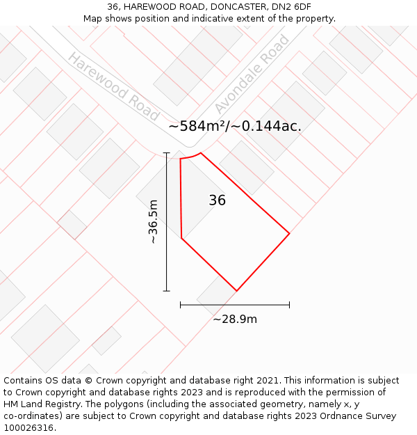 36, HAREWOOD ROAD, DONCASTER, DN2 6DF: Plot and title map