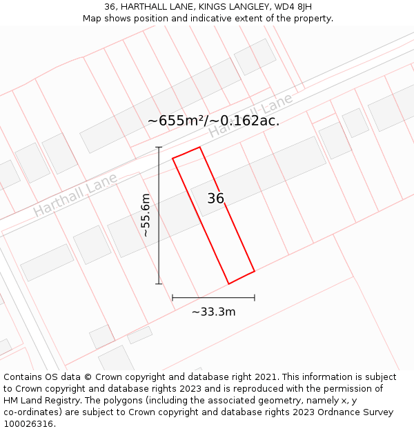 36, HARTHALL LANE, KINGS LANGLEY, WD4 8JH: Plot and title map