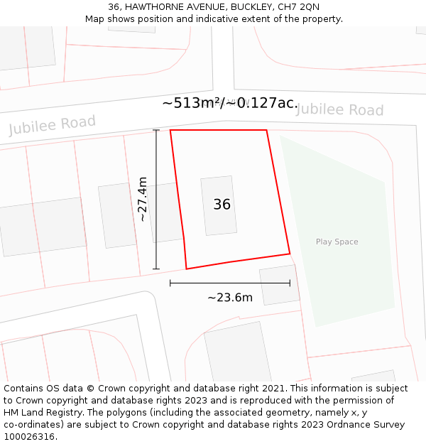 36, HAWTHORNE AVENUE, BUCKLEY, CH7 2QN: Plot and title map